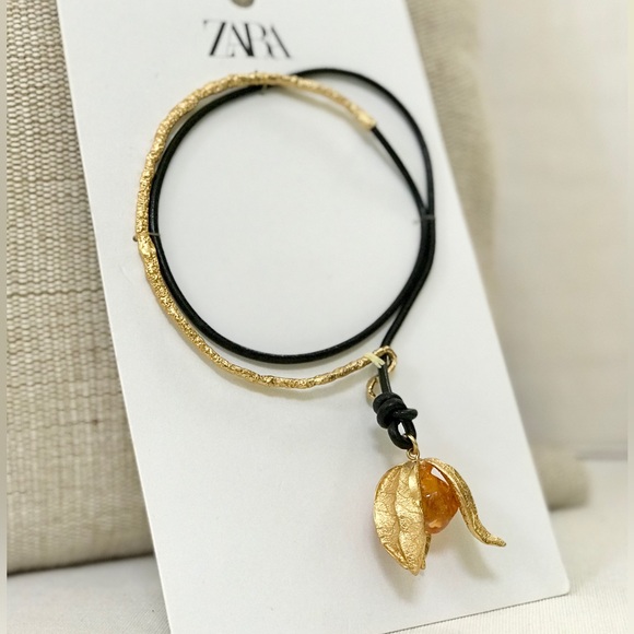 🆕 ZARA Physalis Choker Leather Lariat Necklace - Picture 4 of 11